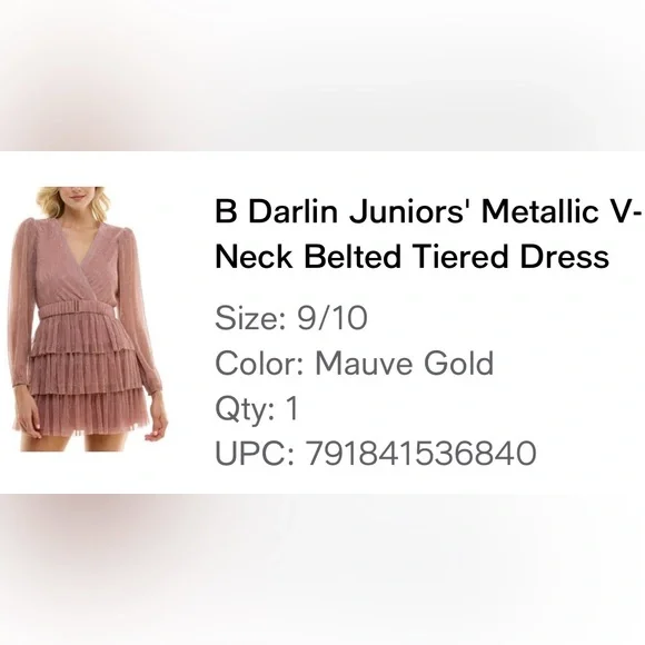 B Darlin Juniors’ Metallic V-Neck Belted Tiered Dress, Long Sleeve - Picture 4 of 4